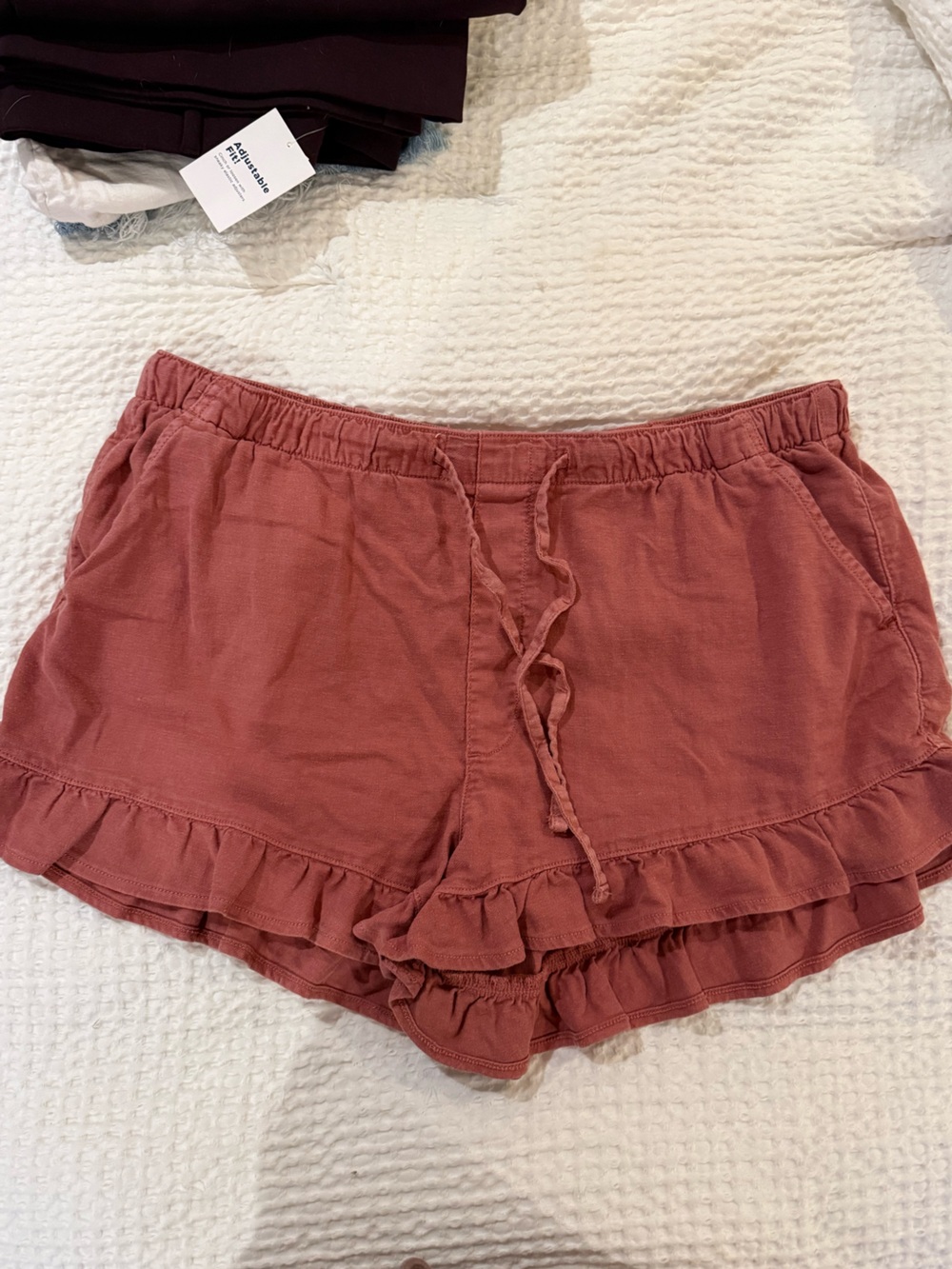 American Eagle Outfitters Ruffle-Trim Drawstring Shorts in Rust